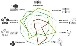 Figuur 1: Visuele representatie van ecosysteemdiensten die bouwland, blijvend grasland, tijdelijk grasland en semi-natuurlijk grasland leveren. Dit in onderling vergelijk. Dit af te zetten tegen productiecapaciteit: waarbij bouwland de hoogste productiecapaciteit heeft in voedsel/voerlevering en semi-natuurlijk grasland het laagst. 